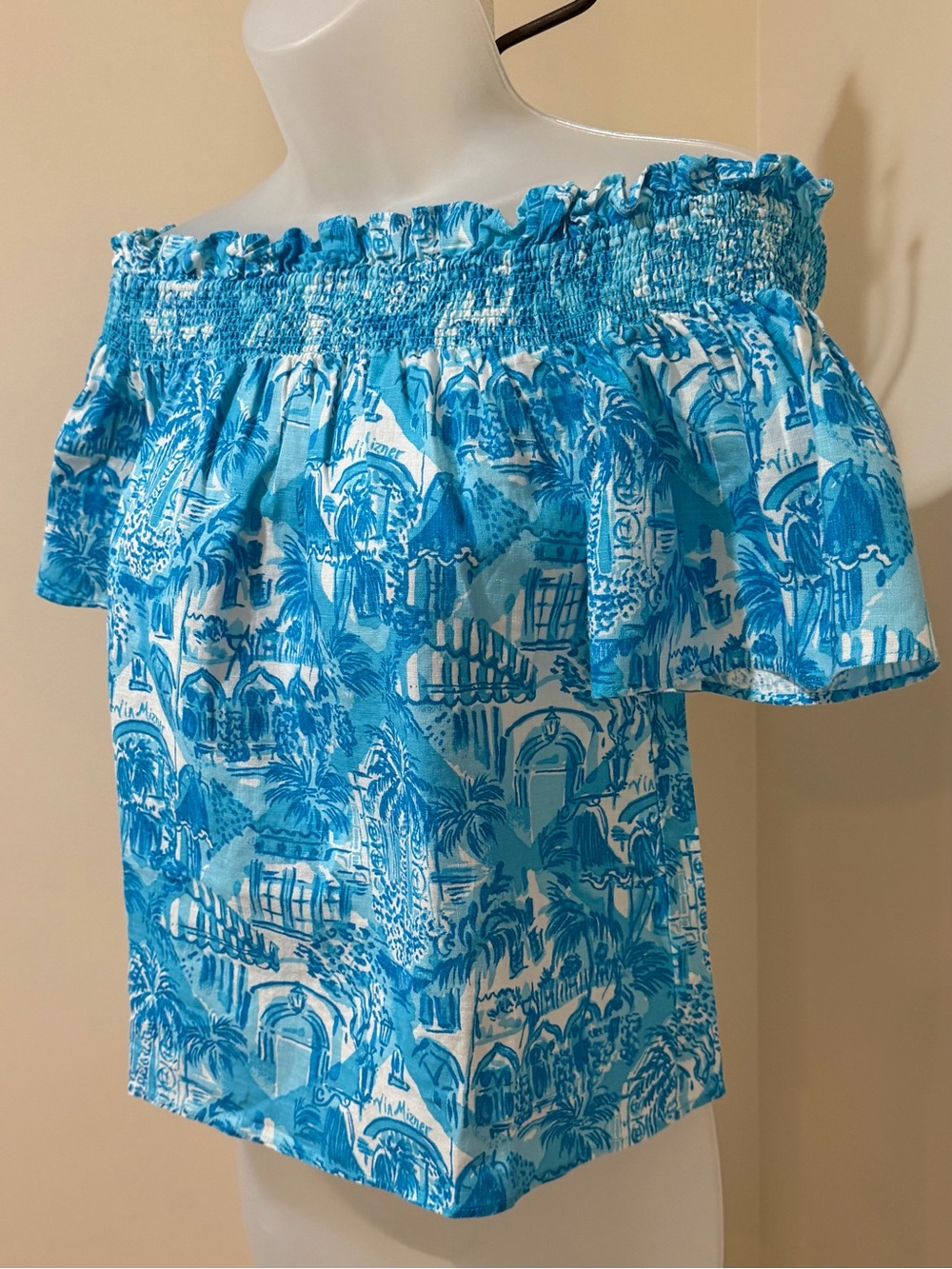 NEW Lilly Pulitzer Leanne Off Shoulder Linen Amalfi Blue Sunny State of Mind XXS - Picture 3 of 12